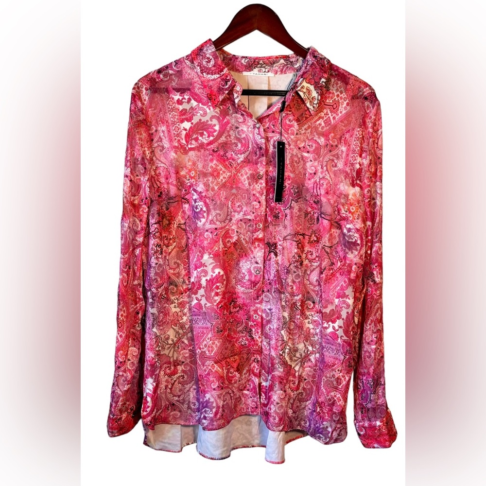 NWT T Tahari Women’s Josella Pink Long Sleeve Collar Blouse Happy Multi Size XL
